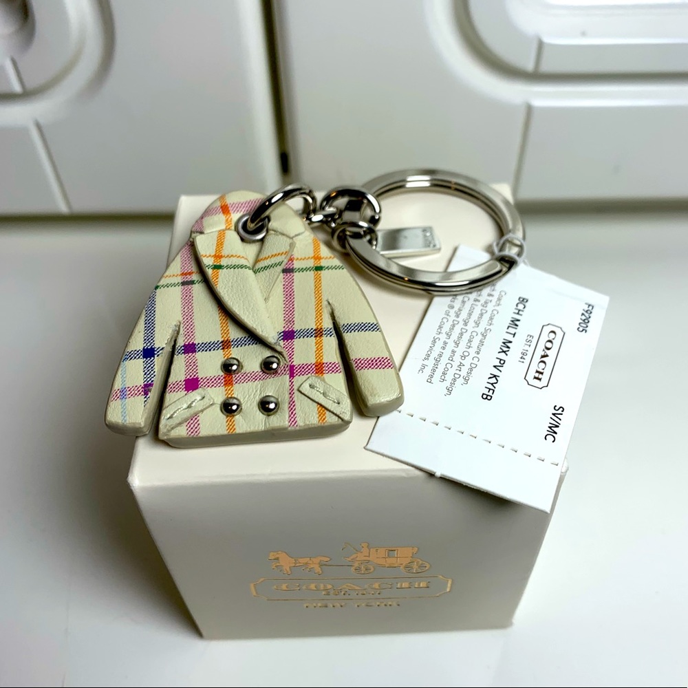 🌿NEW COACH Tattersal Plaid Coat Peacoat Leather Keychain Keyring Key FOB